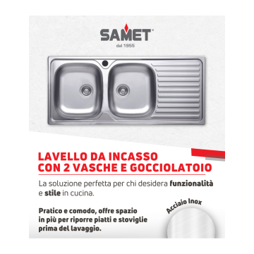 Lavello 2 vasche inox con gocciolatoio destro 116x50 cm - SA138