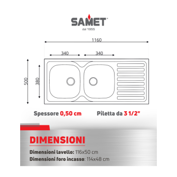 Lavello 2 vasche inox con gocciolatoio destro 116x50 cm - SA138