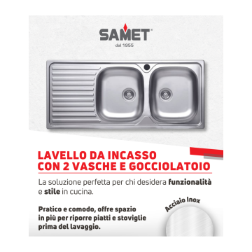 Lavello 2 vasche inox con gocciolatoio sinistro 116x50 cm - SA138