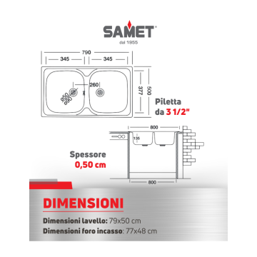 Lavello Doppia Vasca 79x50 cm Ad Incasso - Collezione Classic 170