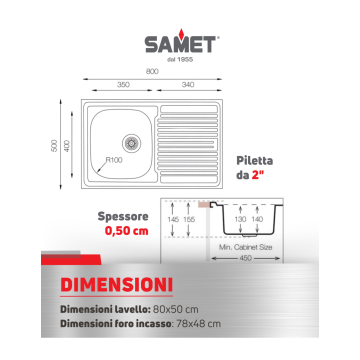 Lavello a una vasca e gocciolatoio sinistro 80x50 - Samet