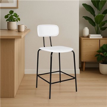Sgabello Glami con struttura in metallo nero e seduta in ecopelle bianco