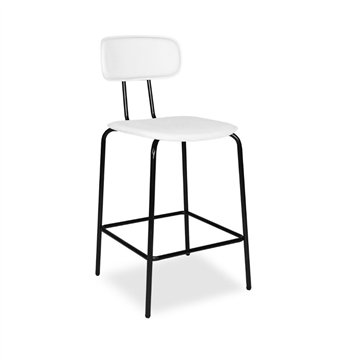 Sgabello Glami con struttura in metallo nero e seduta in ecopelle bianco