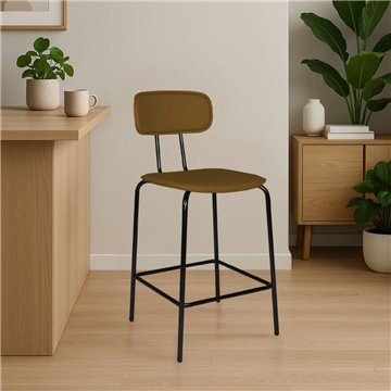 Sgabello Glami con struttura in metallo nero e seduta in ecopelle brown