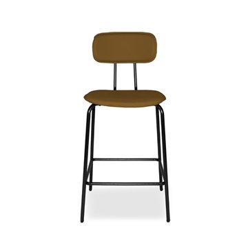 Sgabello Glami con struttura in metallo nero e seduta in ecopelle brown