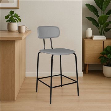 Sgabello Glami con struttura in metallo nero e seduta in ecopelle grigio