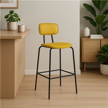 Sgabello Glami con struttura in metallo nero e seduta in ecopelle giallo