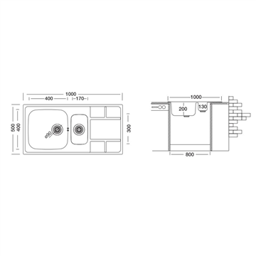 Lavello 100x50 cm con 2 vasche e gocciolatoio sinistro - SAXT332