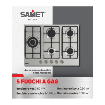 Piano cottura gas inox 5 fuochi 70 cm - Ercole 2.0