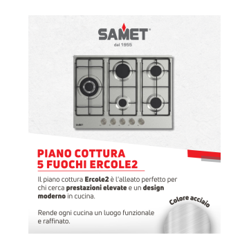 Piano cottura gas inox 5 fuochi 70 cm - Ercole 2.0