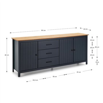 Credenza Miranda in legno massiccio colore blu e pino 191x40x80H - 3 Ante e 3 cassetti