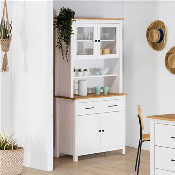 Credenza alta con vetrina in legno massiccio colore bianco e rovere 90x40x180H Miranda