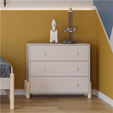 Cassettiera in legno massiccio con 3 cassetti beige e gambe in pino naturale 90x40x80H Enola
