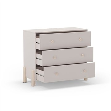Cassettiera Enola in legno massiccio con 3 cassetti beige e gambe in pino naturale 90x40x80H