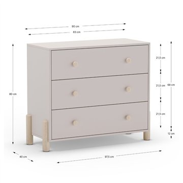 Cassettiera Enola in legno massiccio con 3 cassetti beige e gambe in pino naturale 90x40x80H