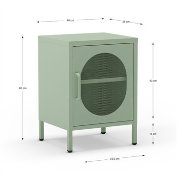 Comodino in metallo Diora verde menta con anta reticolata - Design industriale, anima versatile