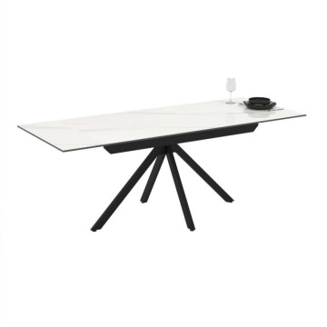 Tavolo allungabile in ceramica effetto marmo bianco e gambe in metallo nero 140/200x80x76H Perla