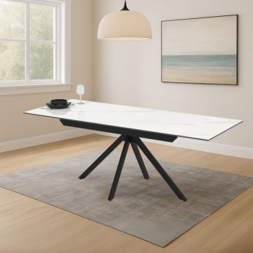 Tavolo allungabile in ceramica effetto marmo bianco e gambe in metallo nero 140/200x80x76H Perla