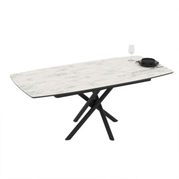 Tavolo allungabile con piano marmo bianco e gambe a stelo incrociate nere 138/178x90x76H Katrin
