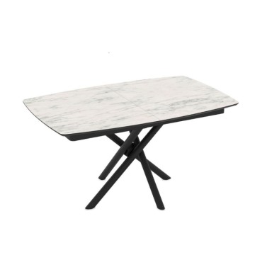 Tavolo allungabile con piano marmo bianco e gambe a stelo incrociate nere 138/178x90x76H Katrin