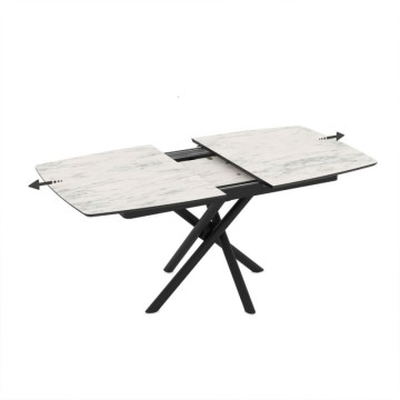 Tavolo allungabile con piano marmo bianco e gambe a stelo incrociate nere 138/178x90x76H Katrin