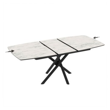Tavolo allungabile con piano marmo bianco e gambe a stelo incrociate nere 138/178x90x76H Katrin