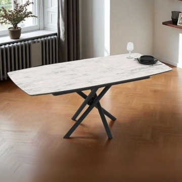Tavolo allungabile con piano marmo bianco e gambe a stelo incrociate nere 138/178x90x76H Katrin