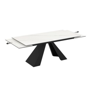 Tavolo allungabile piano in ceramica effetto marmo bianco e gambe in metallo nero 180x90x77H Monza