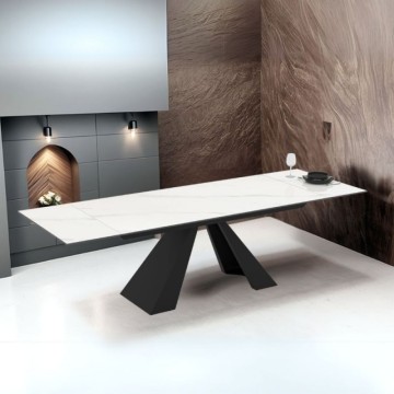 Tavolo allungabile piano in ceramica effetto marmo bianco e gambe in metallo nero 180x90x77H Monza