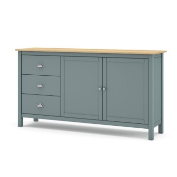 Credenza con 2 ante e 3 cassetti in legno massiccio colore verde cachi e rovere Misti 150x40x80H
