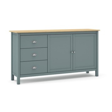 Credenza con 2 ante e 3 cassetti in legno massiccio colore verde cachi e rovere Misti 150x40x80H