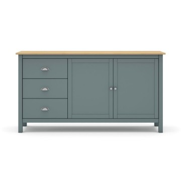 Credenza con 2 ante e 3 cassetti in legno massiccio colore verde cachi e rovere Misti 150x40x80H