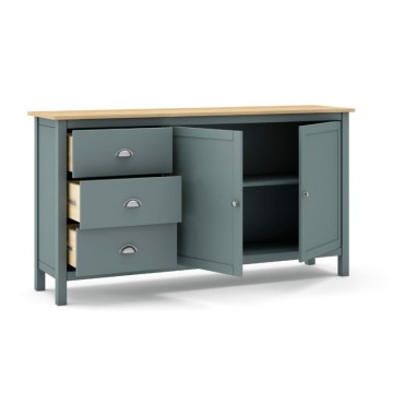 Credenza con 2 ante e 3 cassetti in legno massiccio colore verde cachi e rovere Misti 150x40x80H