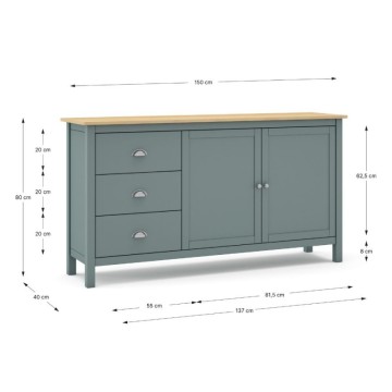 Credenza con 2 ante e 3 cassetti in legno massiccio colore verde cachi e rovere Misti 150x40x80H