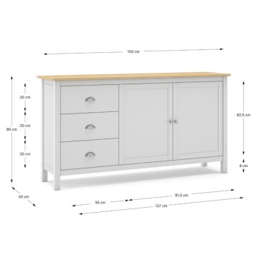 Credenza con 2 ante e 3 cassetti in legno massiccio colore verde bianco e rovere Misti 150x40x80H