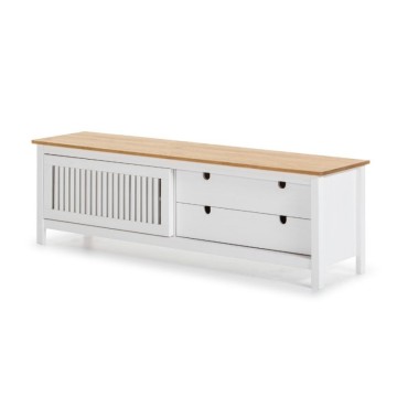 Mobile porta Tv con anta scorrevole effetto griglia e cassetti in legno massiccio 158 colore bianco e pino Bruna