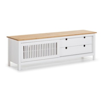 Mobile porta Tv con anta scorrevole effetto griglia e cassetti in legno massiccio 158 colore bianco e pino Bruna
