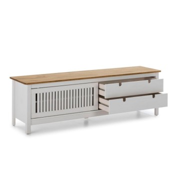 Mobile porta Tv con anta scorrevole effetto griglia e cassetti in legno massiccio 158 colore bianco e pino Bruna