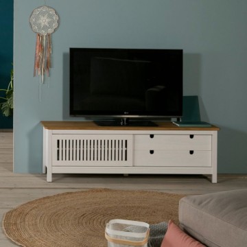 Mobile porta Tv con anta scorrevole effetto griglia e cassetti in legno massiccio 158 colore bianco e pino Bruna