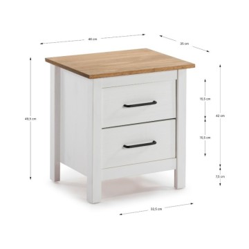 Comodino 2 cassetti in legno massiccio colore bianco e pino Miranda