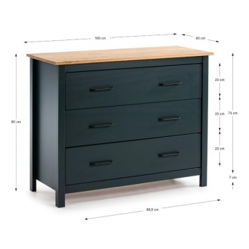 Comò in legno massiccio colore blu e pino Miranda 100x40x80H