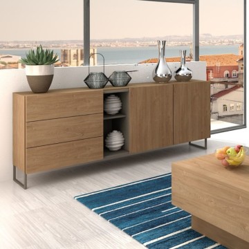 Madia 1055 colore rovere miele con 3 cassetti 2 ante e vano a giorno tortora 175x38x73.6H