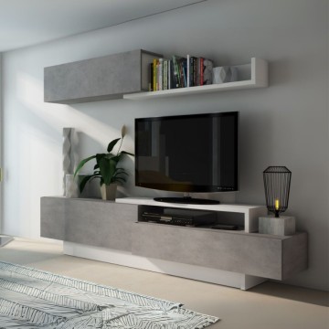 Parete attrezzata 8059 con 3 ante a ribalta colore cemento e bianco