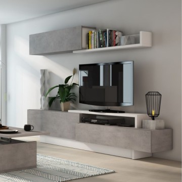 Parete attrezzata 8059 con 3 ante a ribalta colore cemento e bianco