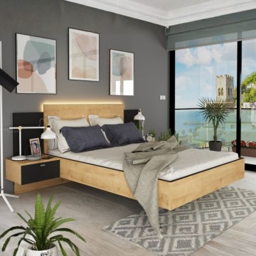 Letto francese 1514 sospeso con comodini integrati colore rovere e nero