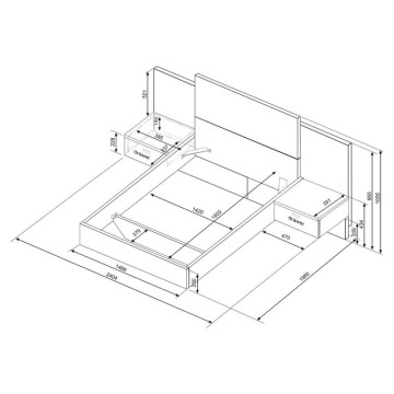 Letto francese 1514 sospeso con comodini integrati colore rovere e nero