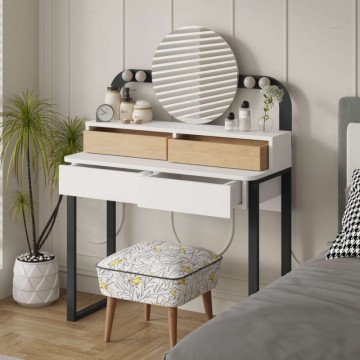 Toeletta trucco con 4 cassetti luci a led e specchio rotondo colore bianco e rovere Lora