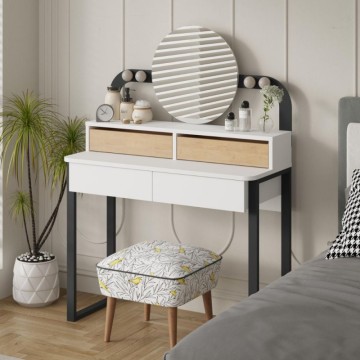 Toeletta trucco con 4 cassetti luci a led e specchio rotondo colore bianco e rovere Lora