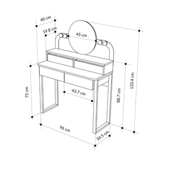 Toeletta trucco con 4 cassetti luci a led e specchio rotondo colore bianco e rovere Lora
