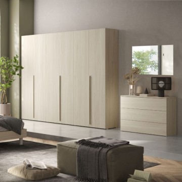 Camera da letto con armadio 6 ante battenti e letto matrimoniale in legno colore olmo Corinna